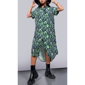 Wildfang Empower Shirt Dress Botanical Herb Print Navy Blue Rayon WD8200 Medium